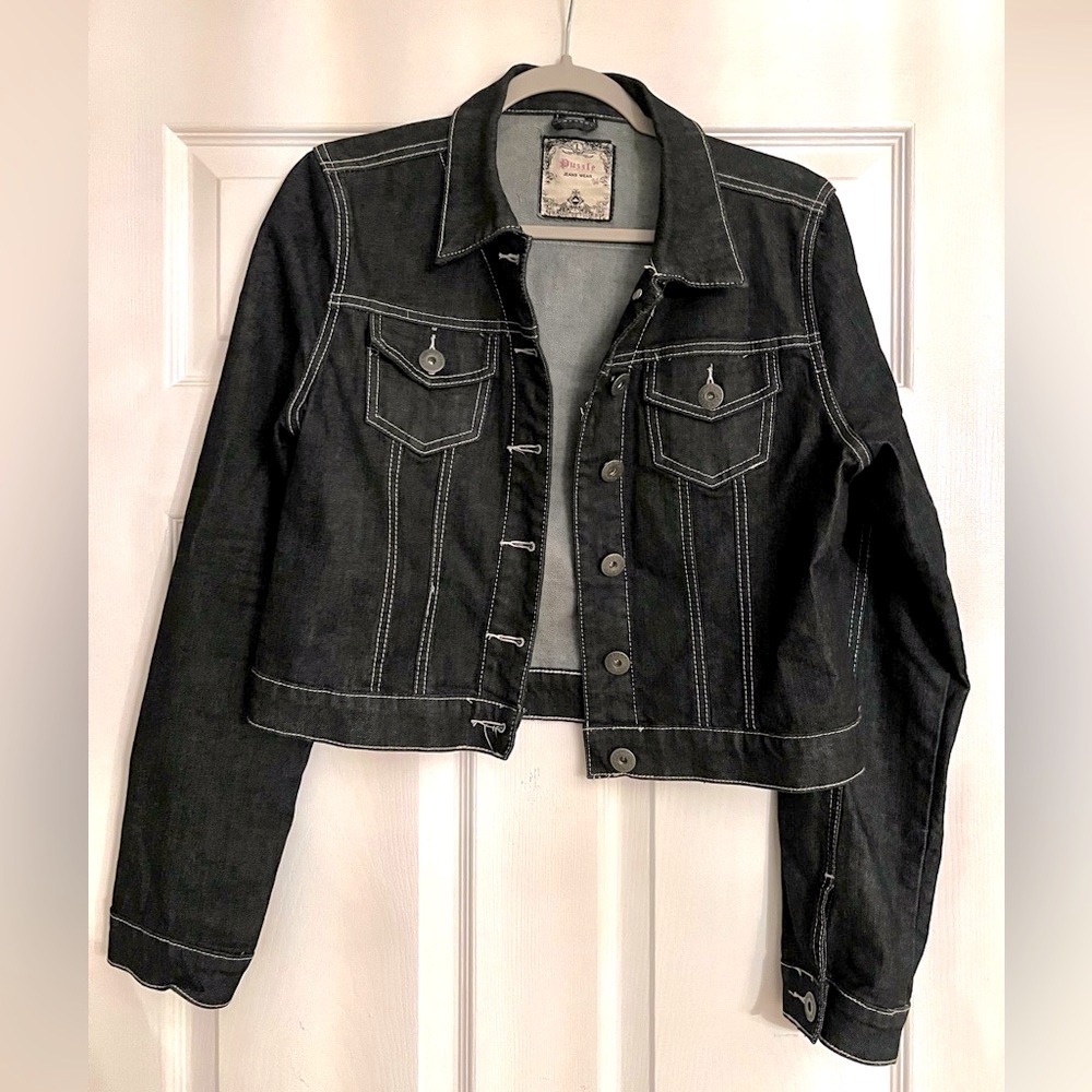 Puzzle Jeans Wear Denim Jacket. Sz L. Women's Black. Button up. Short waisted.